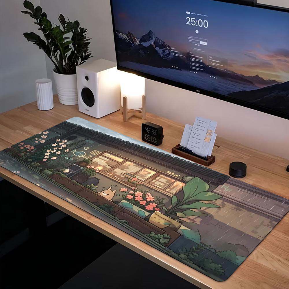 Desk Setup Laptop And Pc - Gemütliches Anime-Street-Gaming-Mauspad mit rutschfester Gummibasis, große
