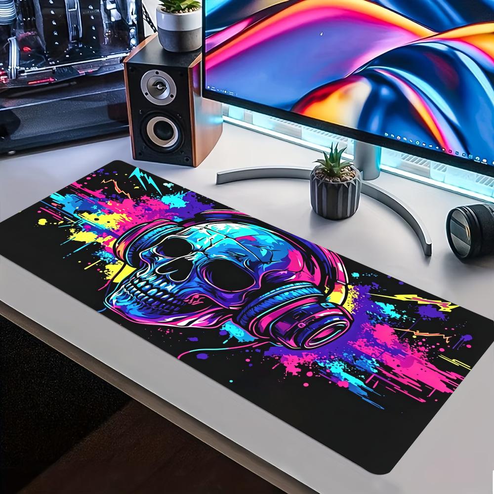 Desk Setup Headphones - Neon-Schädel-Kopfhörer-Gaming-Mauspad mit Rutschfester Oberfläche, Buntem Graffiti-Punk-Rock-Kunstdruck