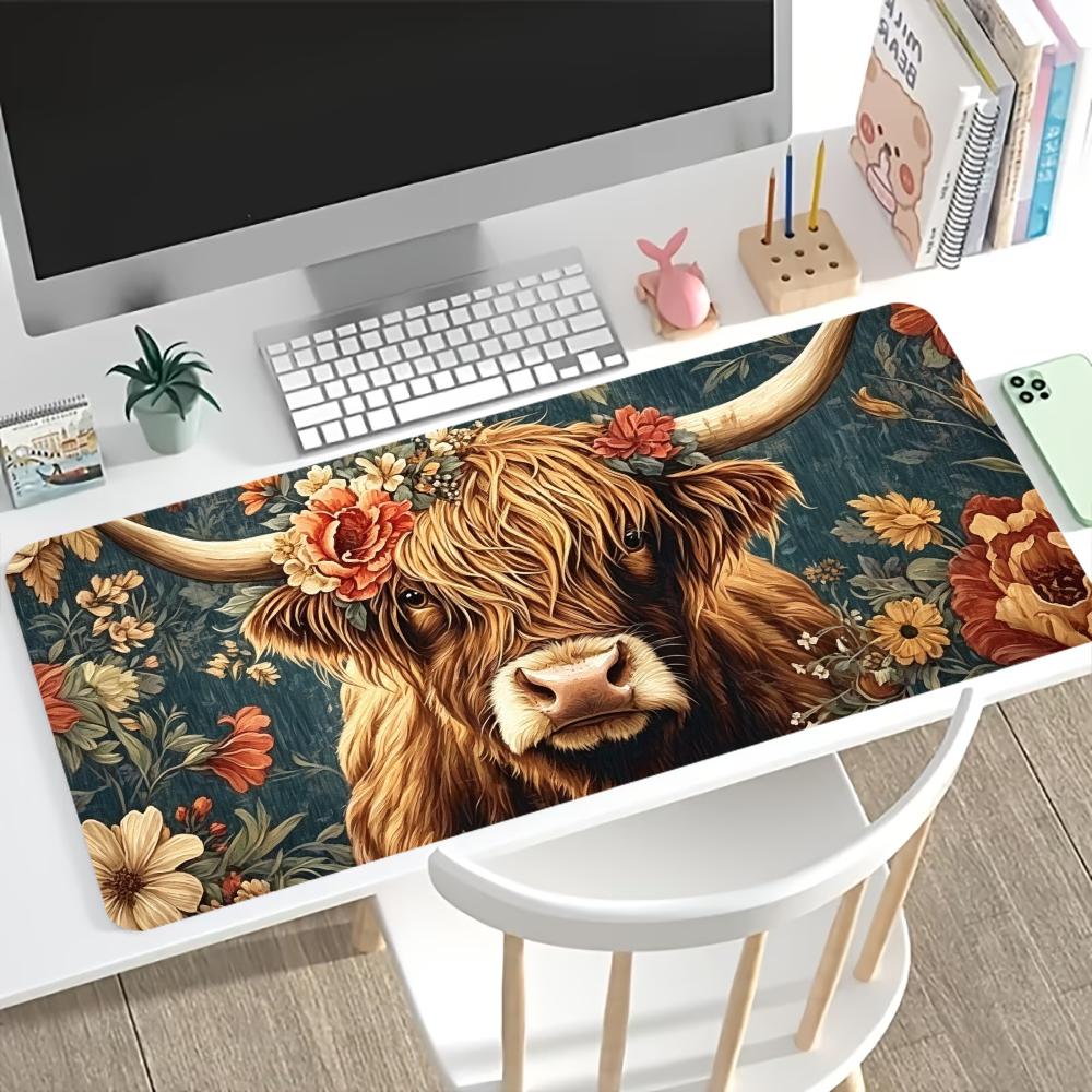 Desk Setup Laptop And Pc - Vintage Highland Cow Floral Gaming-Mauspad, rutschfeste
