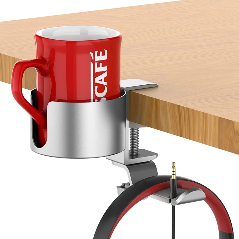 Desk Setup Headphones - 360 ° Drehbarer Schreibtisch-Kopfhörerhalter mit Getränkehalterung