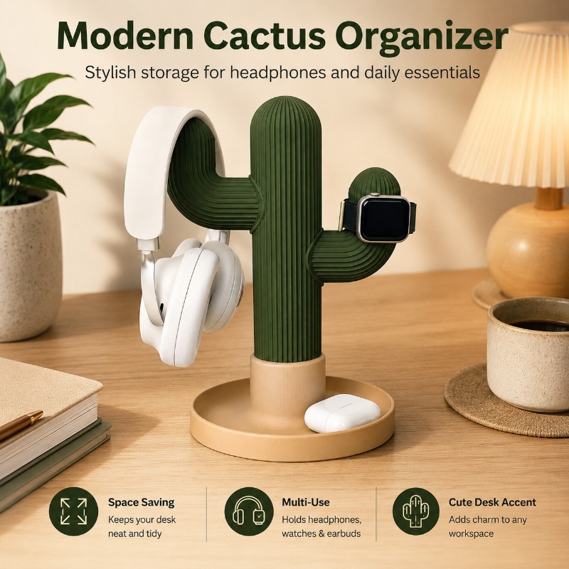 Desk Setup Organization - Minimalistischer Kaktus-Kopfhörerständer Multifunktionaler Desktop-Organizer für Kopfhörer,